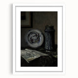 Dark Moody Wall Art - Vintage Still Life with Plate and Vase for Interiors