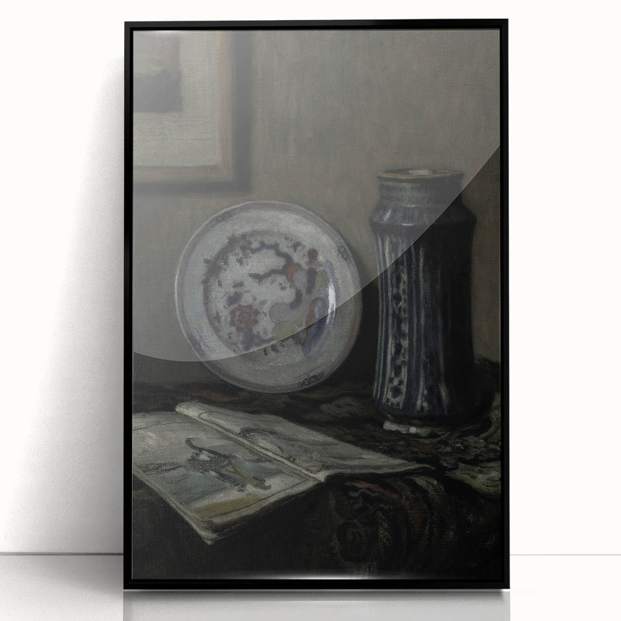 Dark Moody Wall Art - Vintage Still Life with Plate and Vase for Interiors