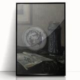 Dark Moody Wall Art - Vintage Still Life with Plate and Vase for Interiors