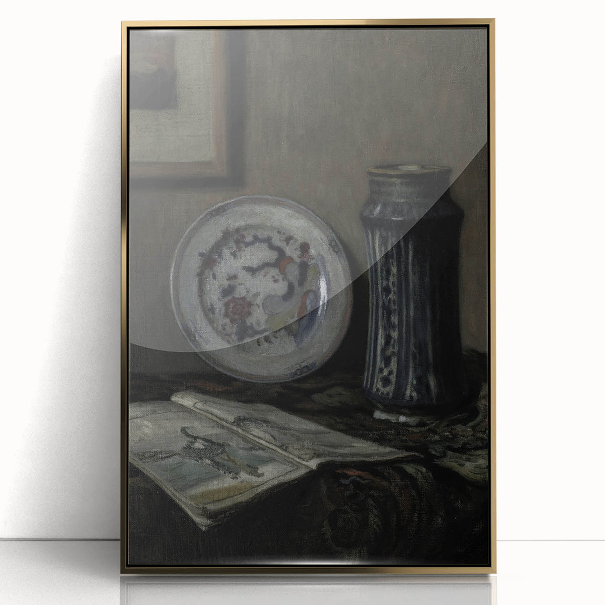 Dark Moody Wall Art - Vintage Still Life with Plate and Vase for Interiors