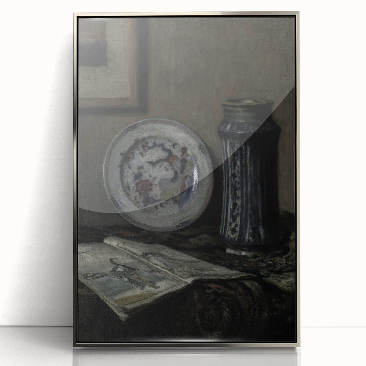 Dark Moody Wall Art - Vintage Still Life with Plate and Vase for Interiors
