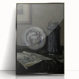 Dark Moody Wall Art - Vintage Still Life with Plate and Vase for Interiors