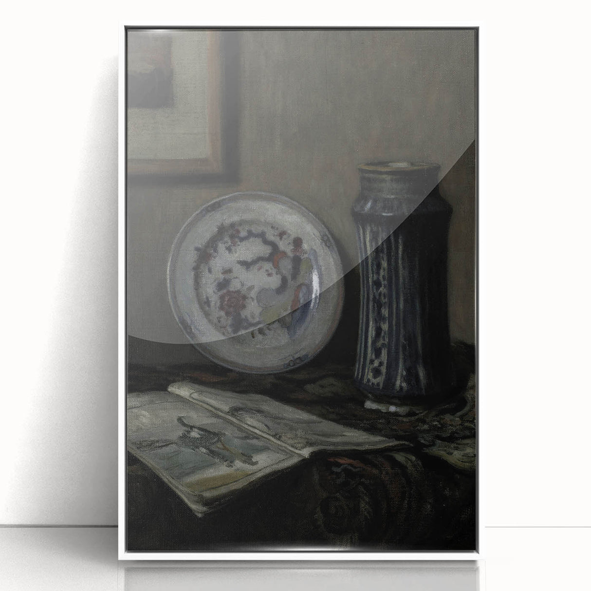 Dark Moody Wall Art - Vintage Still Life with Plate and Vase for Interiors