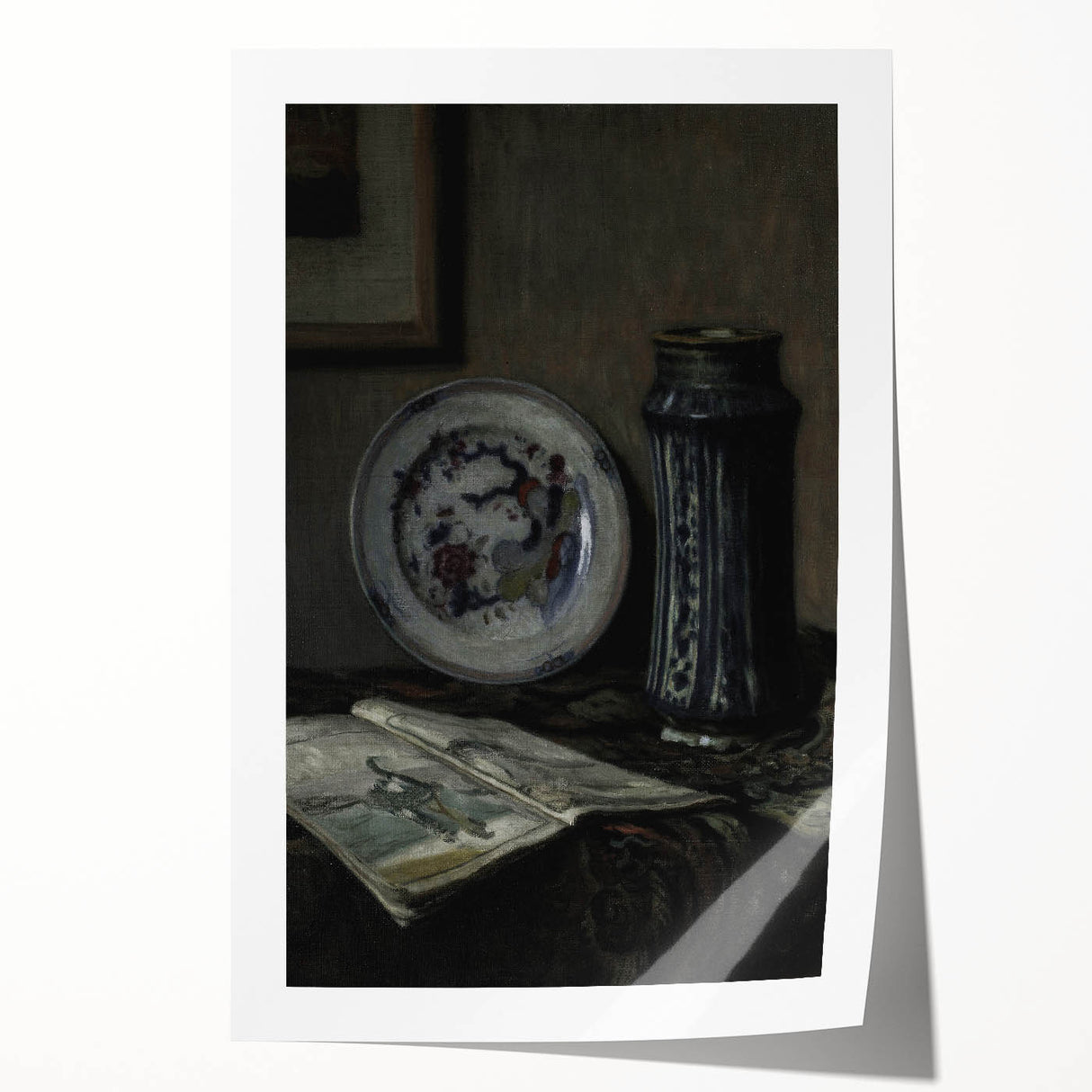 Dark Moody Wall Art - Vintage Still Life with Plate and Vase for Interiors