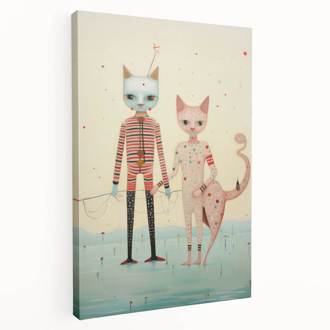 Whimsical Electric Cat Duo Canvas – Playful Modern Art Print