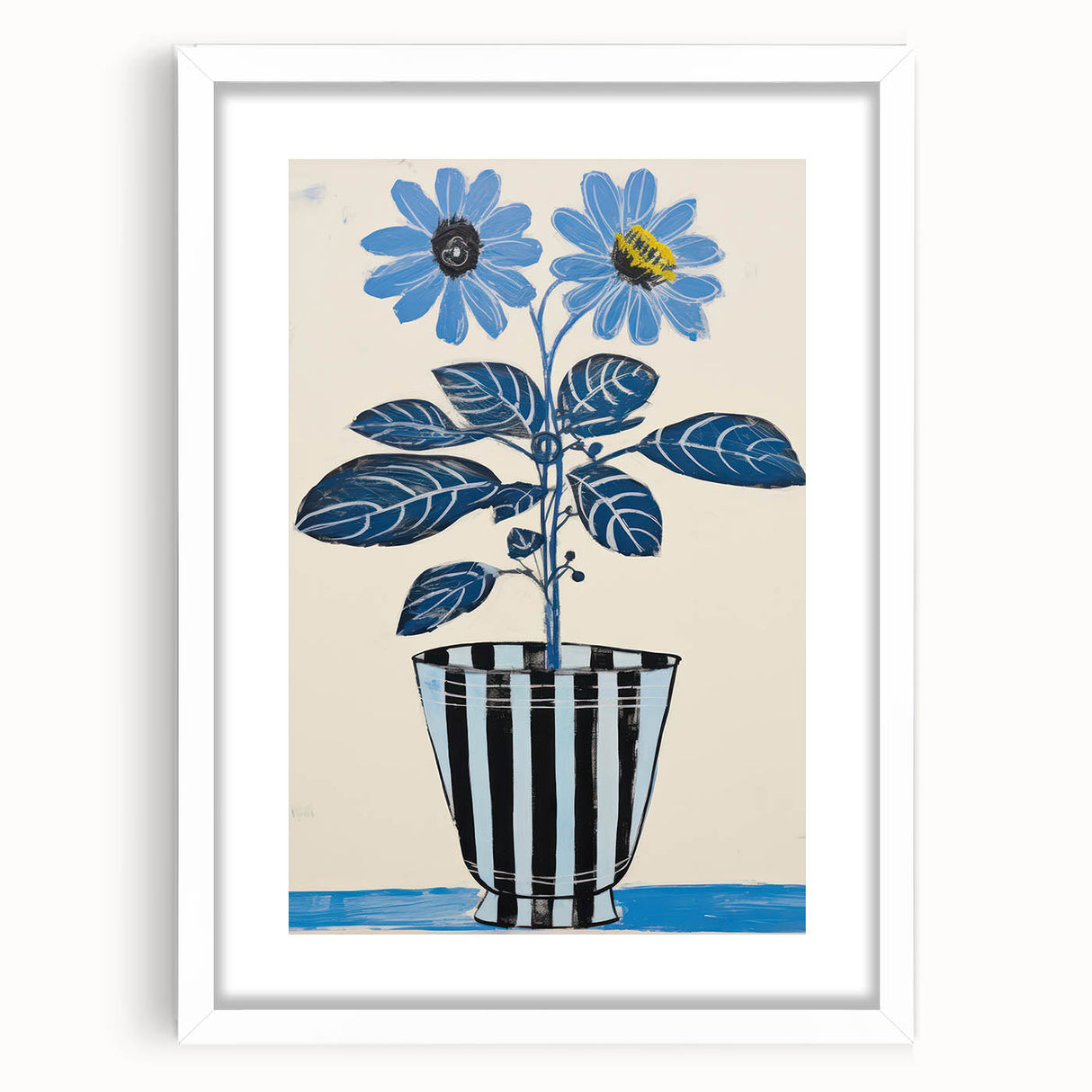 Blue Electric Botanical Art - Contemporary Floral Wall Decor in Stripes