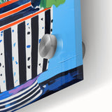 Playful Electric Botanical Art - Vibrant Striped Pot with Blue Flowers