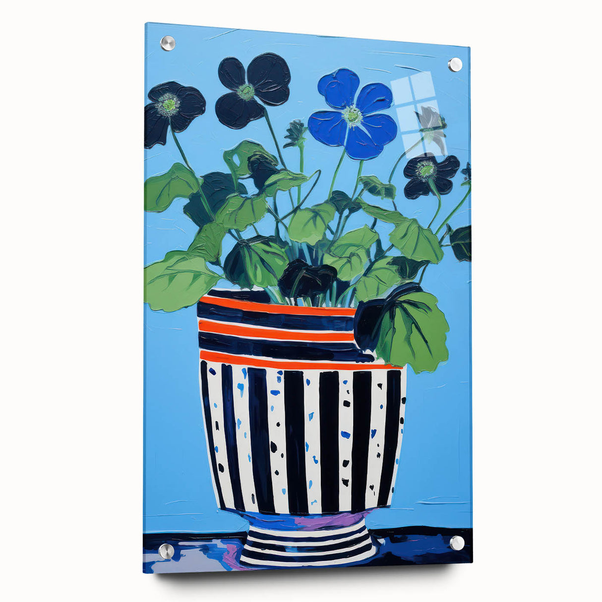Playful Electric Botanical Art - Vibrant Striped Pot with Blue Flowers