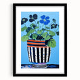 Playful Electric Botanical Art - Vibrant Striped Pot with Blue Flowers