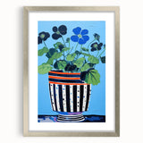 Playful Electric Botanical Art - Vibrant Striped Pot with Blue Flowers