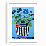 Playful Electric Botanical Art - Vibrant Striped Pot with Blue Flowers