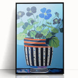 Playful Electric Botanical Art - Vibrant Striped Pot with Blue Flowers