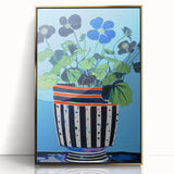 Playful Electric Botanical Art - Vibrant Striped Pot with Blue Flowers