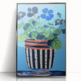Playful Electric Botanical Art - Vibrant Striped Pot with Blue Flowers