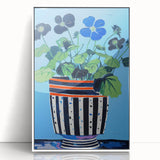 Playful Electric Botanical Art - Vibrant Striped Pot with Blue Flowers