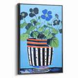 Playful Electric Botanical Art - Vibrant Striped Pot with Blue Flowers