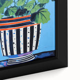 Playful Electric Botanical Art - Vibrant Striped Pot with Blue Flowers