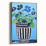 Playful Electric Botanical Art - Vibrant Striped Pot with Blue Flowers