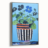 Playful Electric Botanical Art - Vibrant Striped Pot with Blue Flowers