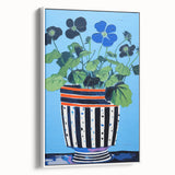 Playful Electric Botanical Art - Vibrant Striped Pot with Blue Flowers