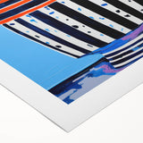 Playful Electric Botanical Art - Vibrant Striped Pot with Blue Flowers