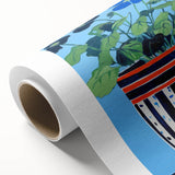 Playful Electric Botanical Art - Vibrant Striped Pot with Blue Flowers