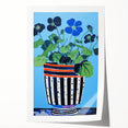 Playful Electric Botanical Art - Vibrant Striped Pot with Blue Flowers