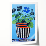 Playful Electric Botanical Art - Vibrant Striped Pot with Blue Flowers
