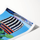 Playful Electric Botanical Art - Vibrant Striped Pot with Blue Flowers