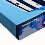 Playful Electric Botanical Art - Vibrant Striped Pot with Blue Flowers