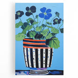 Playful Electric Botanical Art - Vibrant Striped Pot with Blue Flowers