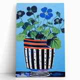 Playful Electric Botanical Art - Vibrant Striped Pot with Blue Flowers