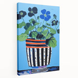 Playful Electric Botanical Art - Vibrant Striped Pot with Blue Flowers