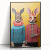 Whimsical Electric Animal Art - Colorful Rabbit Duo Portrait Canvas Print