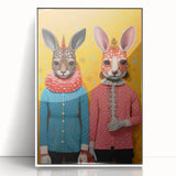 Whimsical Electric Animal Art - Colorful Rabbit Duo Portrait Canvas Print