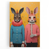 Whimsical Electric Animal Art - Colorful Rabbit Duo Portrait Canvas Print