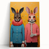 Whimsical Electric Animal Art - Colorful Rabbit Duo Portrait Canvas Print