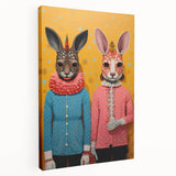 Whimsical Electric Animal Art - Colorful Rabbit Duo Portrait Canvas Print