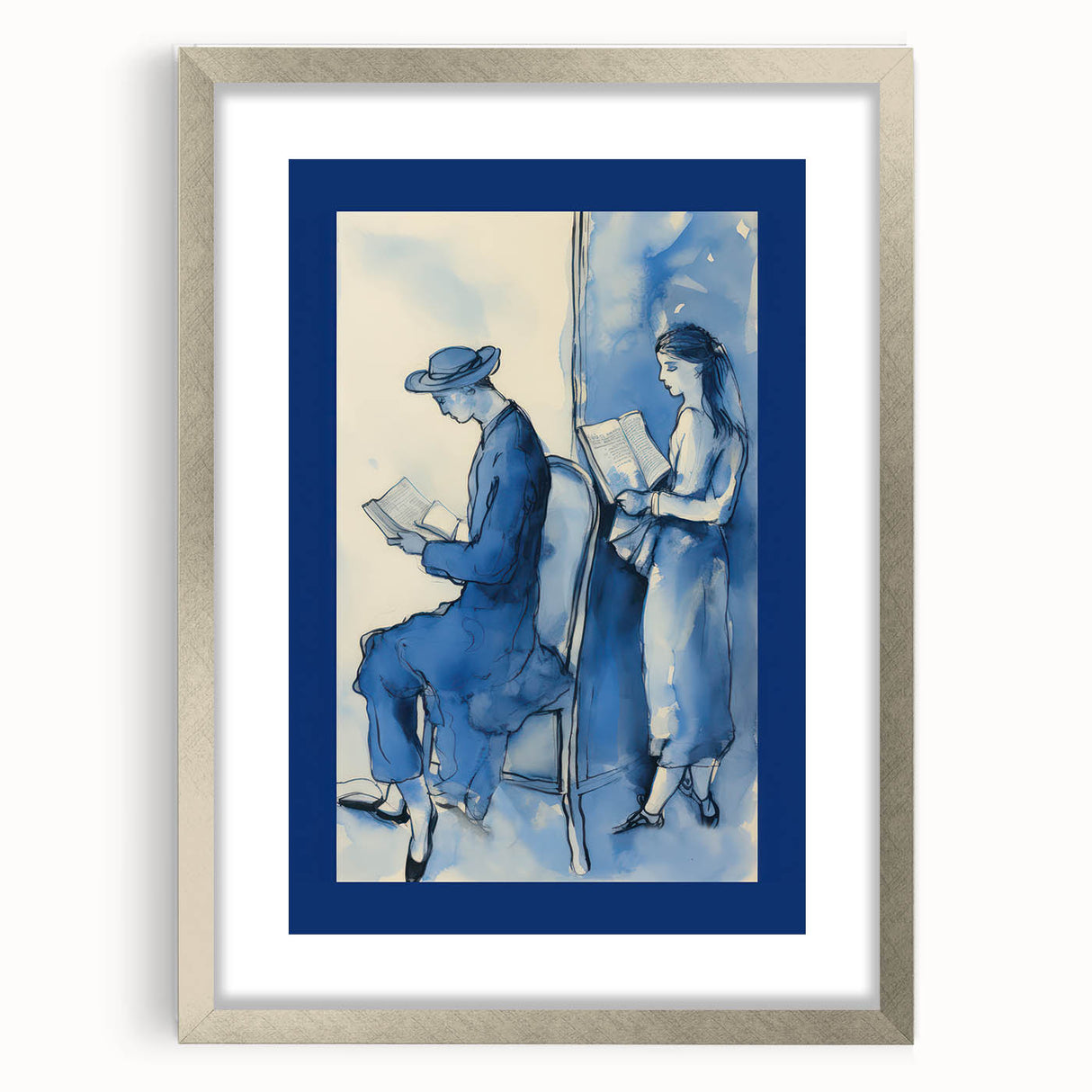 Blue Electric Art Canvas – Modern Reading Scene Electric Wall Decor