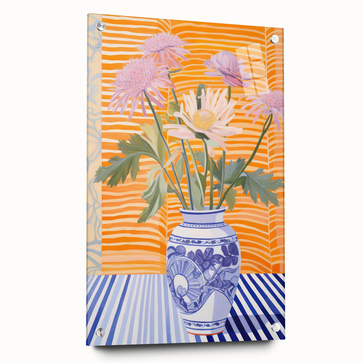 Electric Floral Wall Art - Modern Flower Vase with Vibrant Striped Background