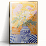 Electric Floral Wall Art - Modern Flower Vase with Vibrant Striped Background