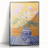 Electric Floral Wall Art - Modern Flower Vase with Vibrant Striped Background