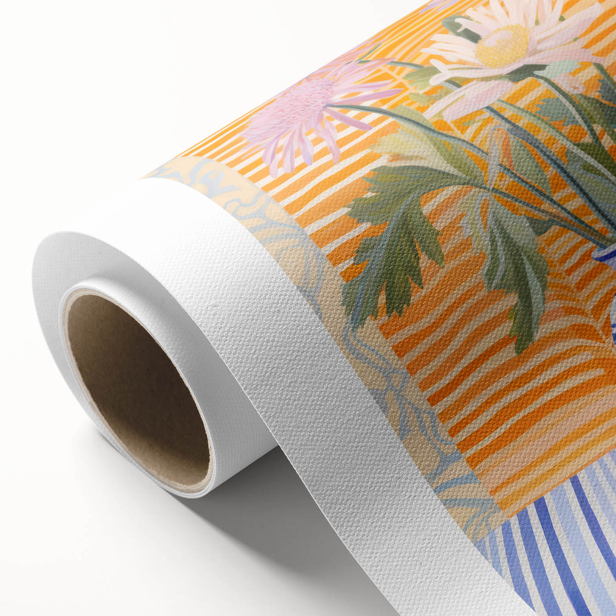 Electric Floral Wall Art - Modern Flower Vase with Vibrant Striped Background