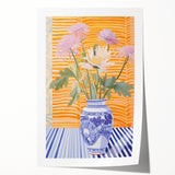 Electric Floral Wall Art - Modern Flower Vase with Vibrant Striped Background