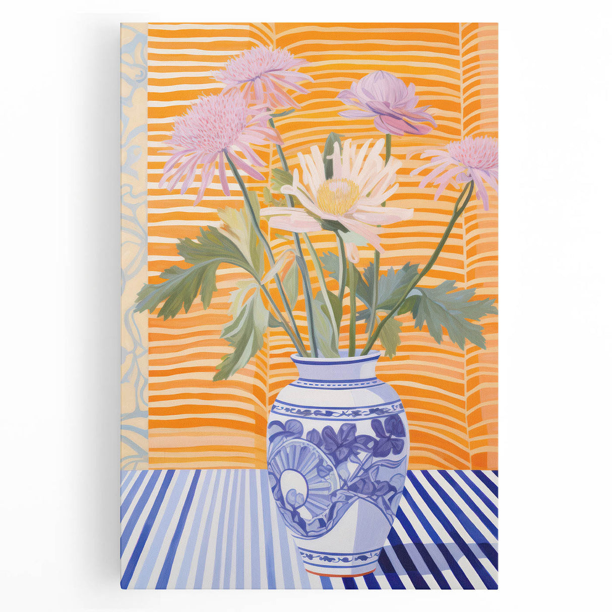 Electric Floral Wall Art - Modern Flower Vase with Vibrant Striped Background