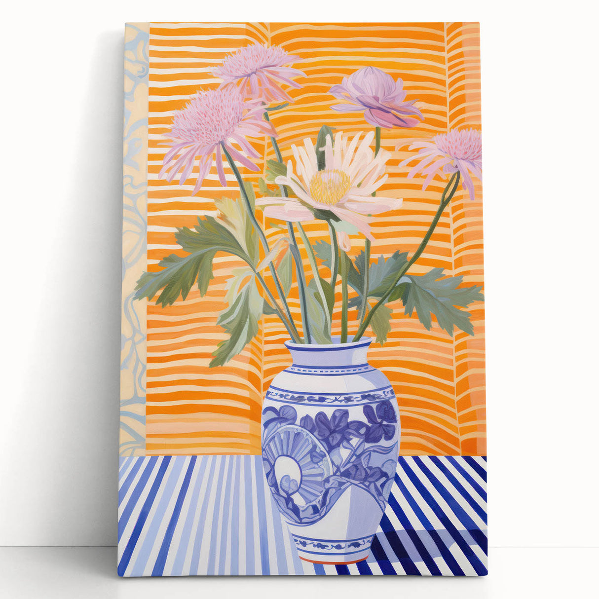 Electric Floral Wall Art - Modern Flower Vase with Vibrant Striped Background
