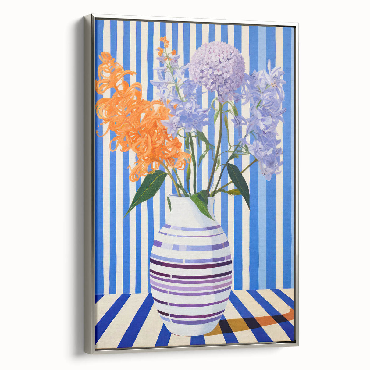 Electric Floral Wall Art - Modern Striped Vase with Vibrant Flower Display