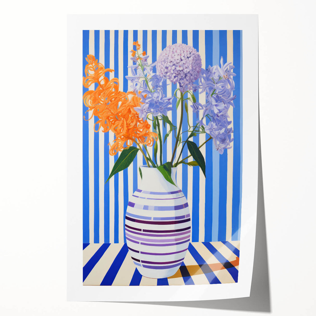 Electric Floral Wall Art - Modern Striped Vase with Vibrant Flower Display
