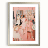 Electric Social Scene Wall Art - Vibrant Pink Modern Café Gathering