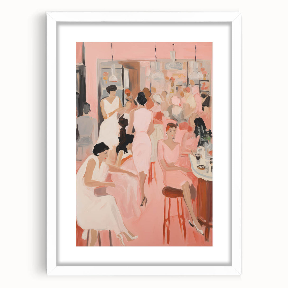 Electric Social Scene Wall Art - Vibrant Pink Modern Café Gathering